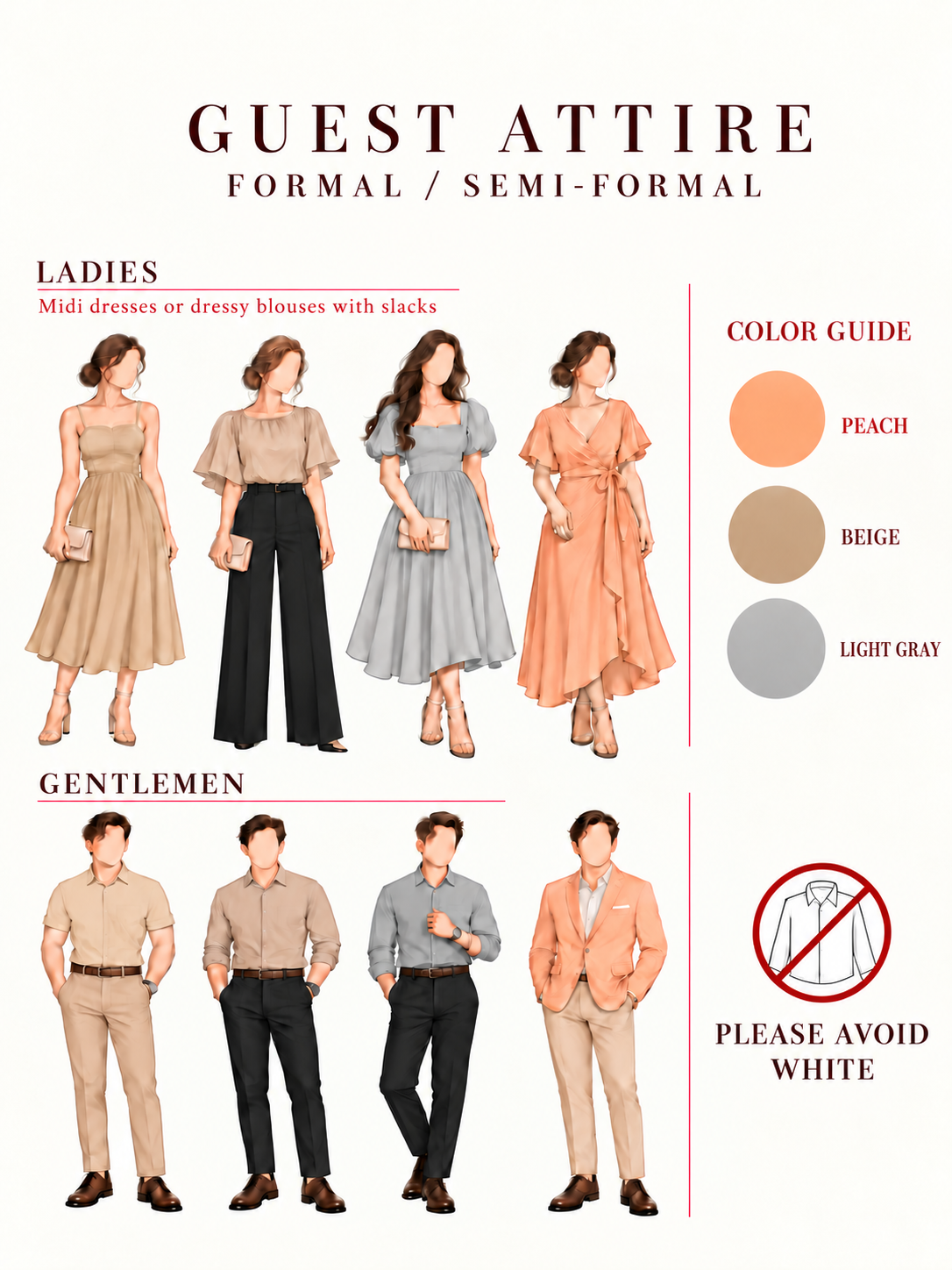 Formal and semi-formal guest attire guide with peach, beige, and light gray color palette for ladies and gentlemen, and a reminder to avoid white